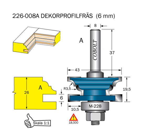 Cobolt Dekorprofilfräs A skåplucka R=3.5 D=43 Not=6 S=8